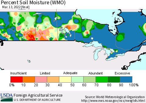 Canada Percent Soil Moisture (WMO) Thematic Map For 3/7/2022 - 3/13/2022
