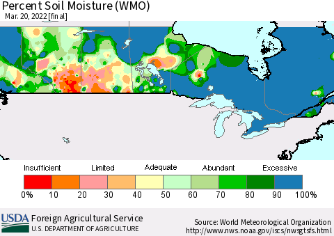 Canada Percent Soil Moisture (WMO) Thematic Map For 3/14/2022 - 3/20/2022