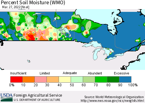 Canada Percent Soil Moisture (WMO) Thematic Map For 3/21/2022 - 3/27/2022