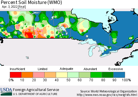 Canada Percent Soil Moisture (WMO) Thematic Map For 3/28/2022 - 4/3/2022