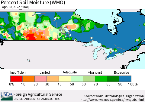 Canada Percent Soil Moisture (WMO) Thematic Map For 4/4/2022 - 4/10/2022