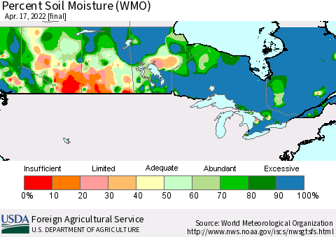 Canada Percent Soil Moisture (WMO) Thematic Map For 4/11/2022 - 4/17/2022