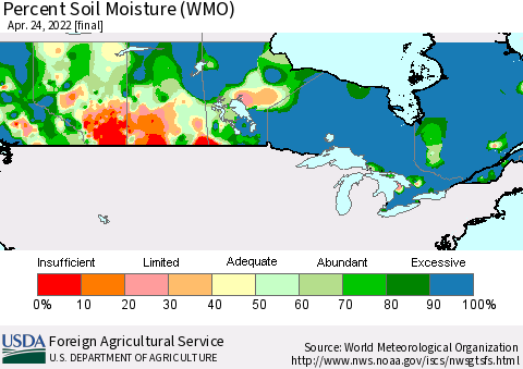 Canada Percent Soil Moisture (WMO) Thematic Map For 4/18/2022 - 4/24/2022