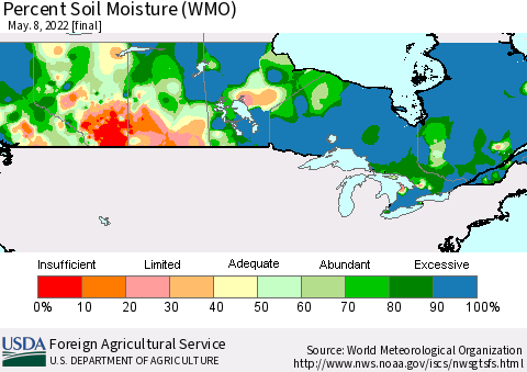 Canada Percent Soil Moisture (WMO) Thematic Map For 5/2/2022 - 5/8/2022