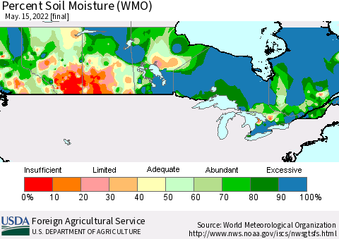 Canada Percent Soil Moisture (WMO) Thematic Map For 5/9/2022 - 5/15/2022