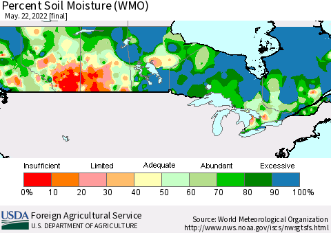 Canada Percent Soil Moisture (WMO) Thematic Map For 5/16/2022 - 5/22/2022