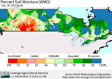Canada Percent Soil Moisture (WMO) Thematic Map For 5/23/2022 - 5/29/2022