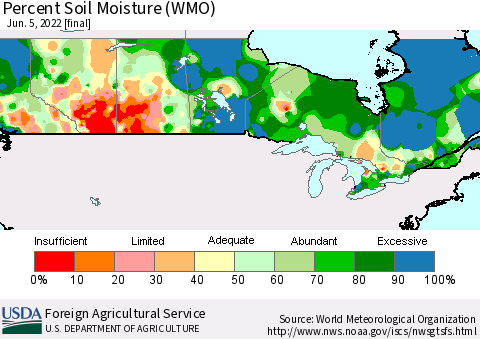 Canada Percent Soil Moisture (WMO) Thematic Map For 5/30/2022 - 6/5/2022