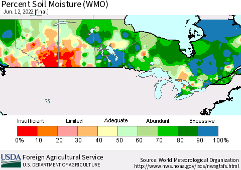 Canada Percent Soil Moisture (WMO) Thematic Map For 6/6/2022 - 6/12/2022