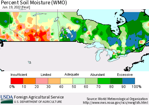 Canada Percent Soil Moisture (WMO) Thematic Map For 6/13/2022 - 6/19/2022