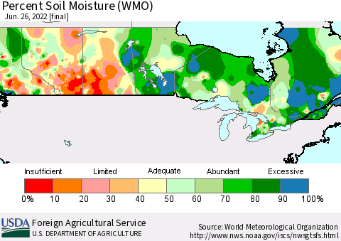 Canada Percent Soil Moisture (WMO) Thematic Map For 6/20/2022 - 6/26/2022