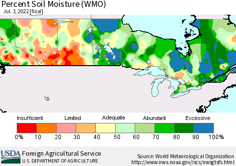 Canada Percent Soil Moisture (WMO) Thematic Map For 6/27/2022 - 7/3/2022