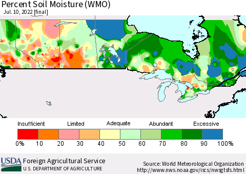 Canada Percent Soil Moisture (WMO) Thematic Map For 7/4/2022 - 7/10/2022