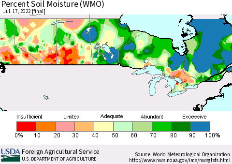 Canada Percent Soil Moisture (WMO) Thematic Map For 7/11/2022 - 7/17/2022