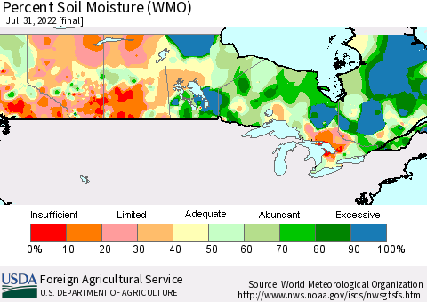 Canada Percent Soil Moisture (WMO) Thematic Map For 7/25/2022 - 7/31/2022