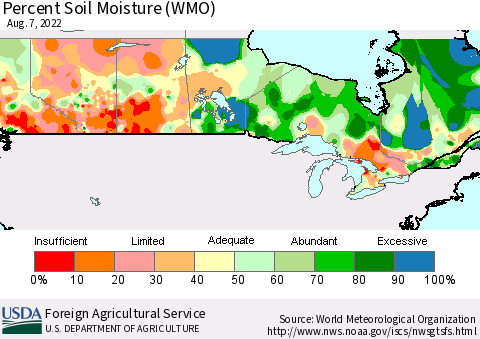 Canada Percent Soil Moisture (WMO) Thematic Map For 8/1/2022 - 8/7/2022