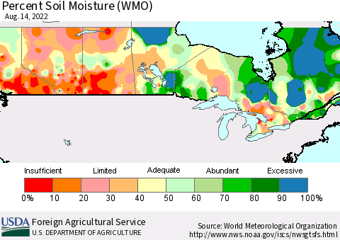 Canada Percent Soil Moisture (WMO) Thematic Map For 8/8/2022 - 8/14/2022