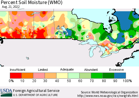 Canada Percent Soil Moisture (WMO) Thematic Map For 8/15/2022 - 8/21/2022