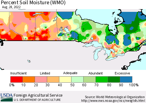 Canada Percent Soil Moisture (WMO) Thematic Map For 8/22/2022 - 8/28/2022
