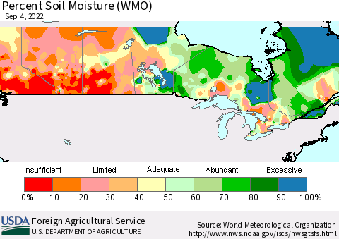 Canada Percent Soil Moisture (WMO) Thematic Map For 8/29/2022 - 9/4/2022