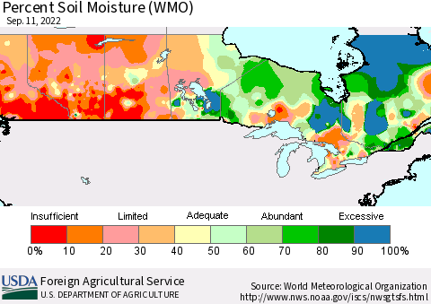 Canada Percent Soil Moisture (WMO) Thematic Map For 9/5/2022 - 9/11/2022
