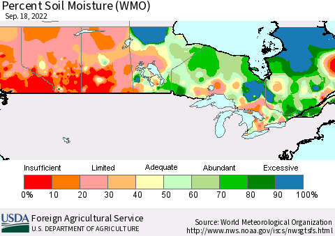 Canada Percent Soil Moisture (WMO) Thematic Map For 9/12/2022 - 9/18/2022