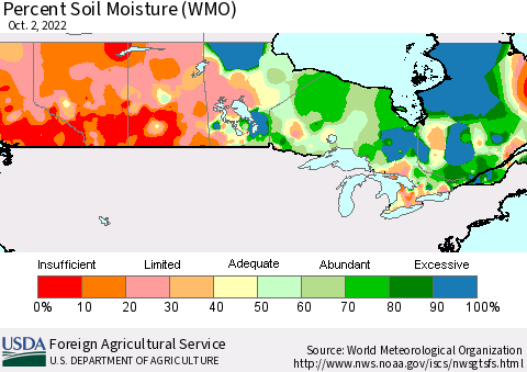 Canada Percent Soil Moisture (WMO) Thematic Map For 9/26/2022 - 10/2/2022