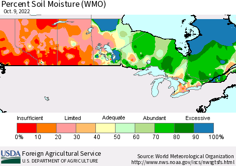 Canada Percent Soil Moisture (WMO) Thematic Map For 10/3/2022 - 10/9/2022