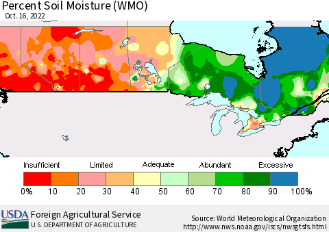 Canada Percent Soil Moisture (WMO) Thematic Map For 10/10/2022 - 10/16/2022
