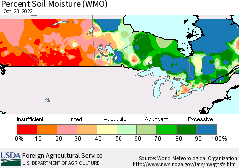 Canada Percent Soil Moisture (WMO) Thematic Map For 10/17/2022 - 10/23/2022