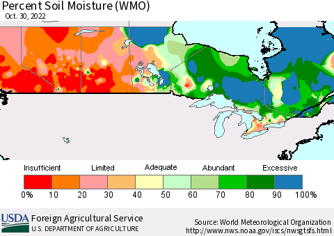 Canada Percent Soil Moisture (WMO) Thematic Map For 10/24/2022 - 10/30/2022