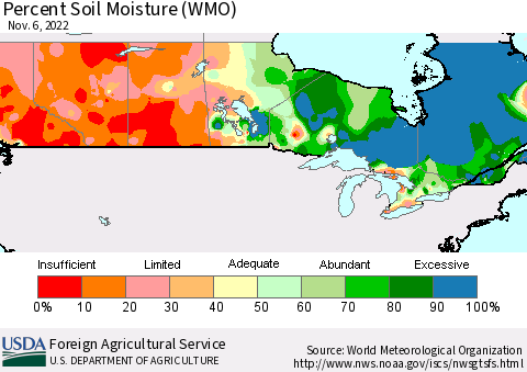 Canada Percent Soil Moisture (WMO) Thematic Map For 10/31/2022 - 11/6/2022