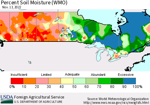 Canada Percent Soil Moisture (WMO) Thematic Map For 11/7/2022 - 11/13/2022