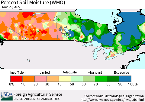 Canada Percent Soil Moisture (WMO) Thematic Map For 11/14/2022 - 11/20/2022