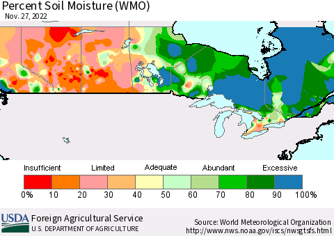 Canada Percent Soil Moisture (WMO) Thematic Map For 11/21/2022 - 11/27/2022