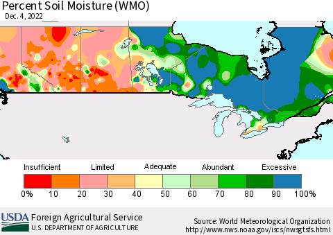 Canada Percent Soil Moisture (WMO) Thematic Map For 11/28/2022 - 12/4/2022