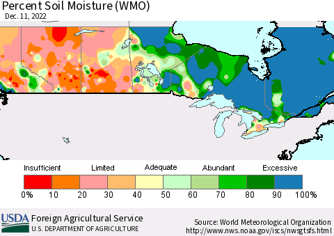 Canada Percent Soil Moisture (WMO) Thematic Map For 12/5/2022 - 12/11/2022