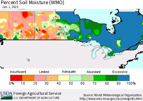 Canada Percent Soil Moisture (WMO) Thematic Map For 12/26/2022 - 1/1/2023