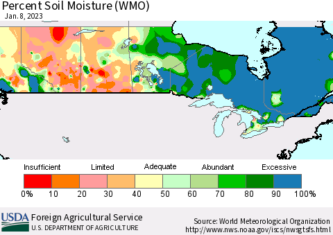 Canada Percent Soil Moisture (WMO) Thematic Map For 1/2/2023 - 1/8/2023