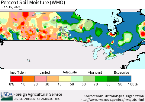Canada Percent Soil Moisture (WMO) Thematic Map For 1/9/2023 - 1/15/2023