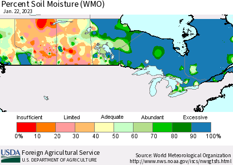 Canada Percent Soil Moisture (WMO) Thematic Map For 1/16/2023 - 1/22/2023