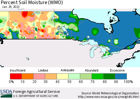 Canada Percent Soil Moisture (WMO) Thematic Map For 1/23/2023 - 1/29/2023