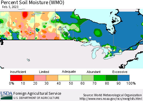 Canada Percent Soil Moisture (WMO) Thematic Map For 1/30/2023 - 2/5/2023