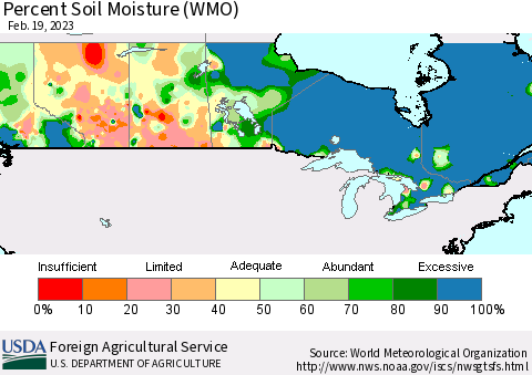 Canada Percent Soil Moisture (WMO) Thematic Map For 2/13/2023 - 2/19/2023