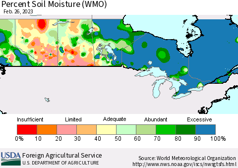 Canada Percent Soil Moisture (WMO) Thematic Map For 2/20/2023 - 2/26/2023