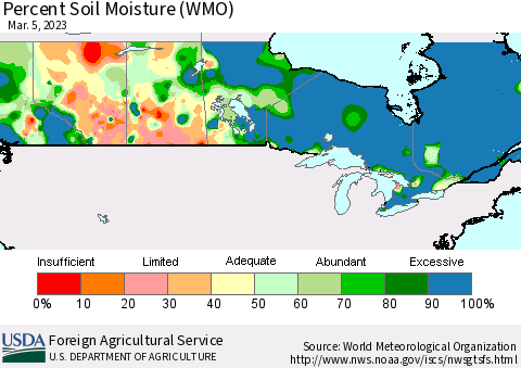 Canada Percent Soil Moisture (WMO) Thematic Map For 2/27/2023 - 3/5/2023