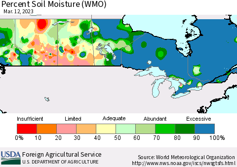 Canada Percent Soil Moisture (WMO) Thematic Map For 3/6/2023 - 3/12/2023