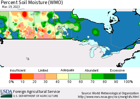 Canada Percent Soil Moisture (WMO) Thematic Map For 3/13/2023 - 3/19/2023