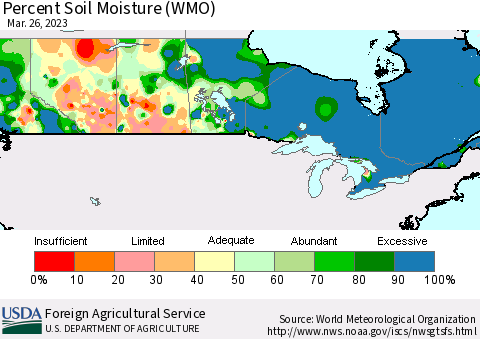Canada Percent Soil Moisture (WMO) Thematic Map For 3/20/2023 - 3/26/2023
