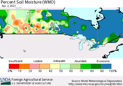 Canada Percent Soil Moisture (WMO) Thematic Map For 3/27/2023 - 4/2/2023